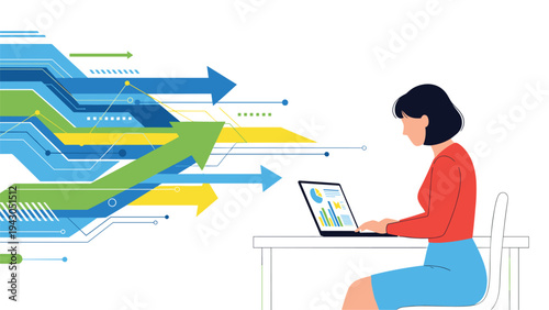 Professional woman using a laptop with dynamic colorful arrows indicating data flow and market trends for business analytics.