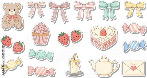Pastel birthday stickers with teddy bear and desserts in soft colorful lighting for party decoration