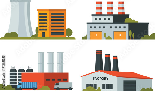 Industrial factory buildings with chimneys warehouses cooling tower and manufacturing plants vector illustration set for industry production and power plant facilities