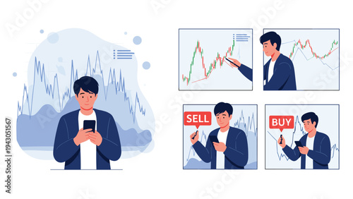Young investor using a mobile app to track stock market fluctuations and execute trades with clear buy and sell signals.
