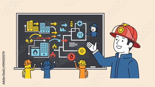 Professional firefighter in uniform explaining complex emergency evacuation and safety procedures on a chalkboard to others.