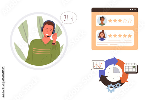 Customer support, user feedback, workflow management, time tracking, productivity tools, customer experience. Person wearing a headset, user reviews and workflow chart. Customer support and user