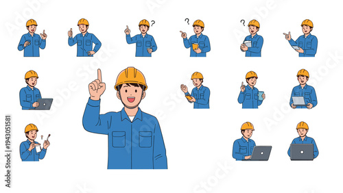 Professional male construction worker character set with various facial expressions and equipment including laptop and tablet.