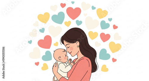Mother tenderly holding and kissing newborn baby surrounded by colorful hearts