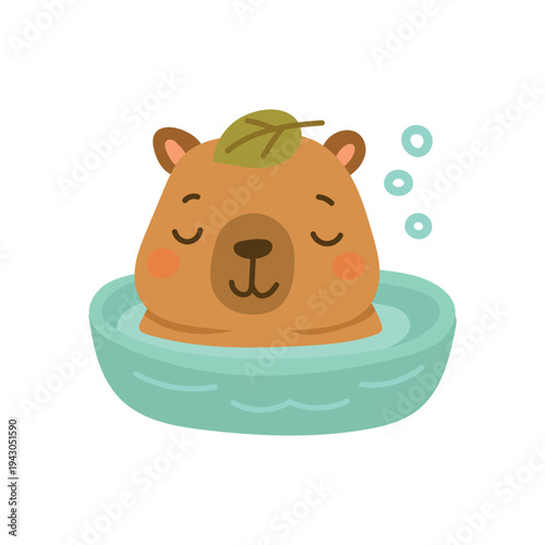 Cartoon capybara relaxing in water pool with leaf on head, charming wildlife illustration perfect for animal blogs, relaxing nature content and children storytelling graphics.