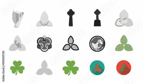 Celtic heritage icon collection featuring harp triquetra knot high cross and Irish symbols in outline solid and color vector styles