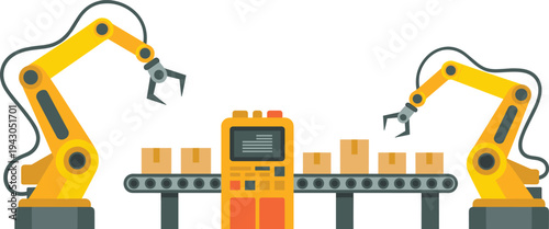Industrial robotic arms operating on automated conveyor belt with boxes, smart factory automation and robotic manufacturing technology concept vector illustration