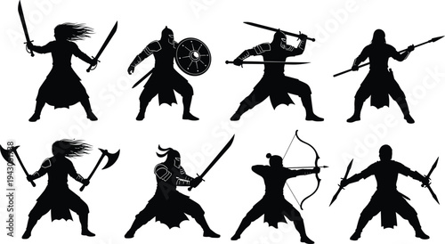 Medieval warrior silhouettes set with swords shield axe spear and bow fighters vector collection for fantasy battle combat characters isolated