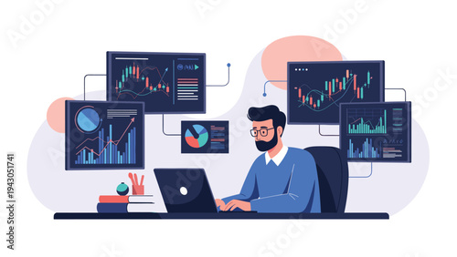 Professional male trader sitting at a desk with multiple monitors displaying various financial analytics and stock market trend graphs.