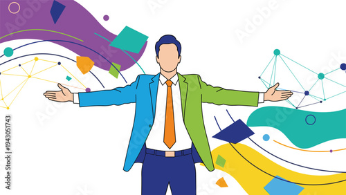 Businessman in a colorful suit standing with arms wide open against an abstract background of geometric shapes and network connections.