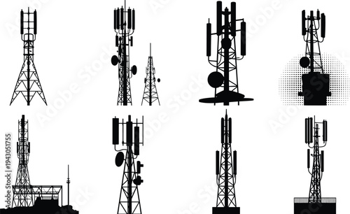 Vector illustration of diverse cell tower silhouettes with antennas and satellite dishes, modern telecommunication infrastructure design for wireless communication networks
