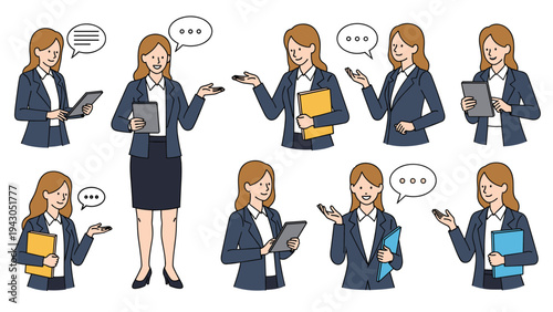 Businesswoman in a professional suit shown in different poses holding a tablet and folders with speech bubbles for communication tasks.