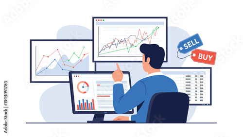 Male trader monitoring multiple computer screens with candlestick charts and buy sell tags while analyzing global stock market trends.