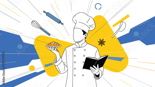 Chef in a white uniform holding a plate with a fresh croissant while reading a cookbook surrounded by various kitchen tools and shapes.