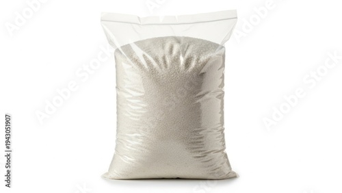A large bag filled with a granular white substance, possibly salt or sugar.