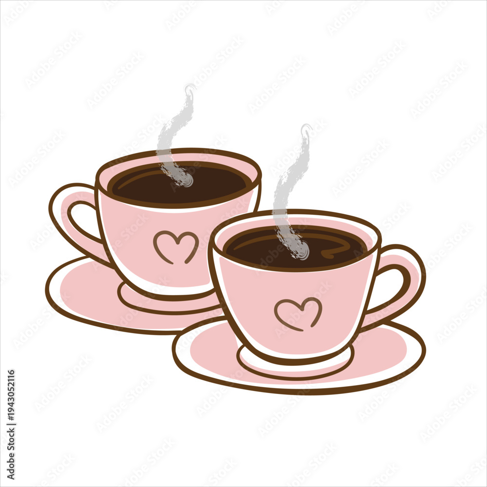 Obraz premium Two pink coffee cups with hearts and steam. Hand drawn cozy illustration of coffee date, friendship and love concept for cafe, greeting card or poster