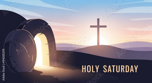 Holy saturday easter concept with empty tomb and cross at sunrise symbolizing hope and resurrection