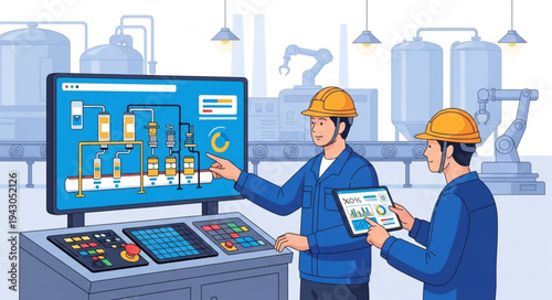 Industrial Workers Operating Control Panel.