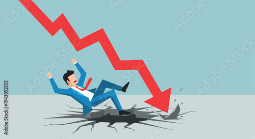 Businessman Falling into Cracking Ground with Red Downward Arrow Vector Illustration