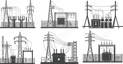 Silhouette vector illustration of electrical substations with transformers, circuit breakers, power lines, high voltage infrastructure for energy distribution