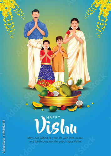 Happy Vishu greetings. April 14 Kerala festival with family Vishu Kani, vishu flower Fruits and vegetables in a bronze vessel. vector illustration design(Malayalam translation: happy vishu)