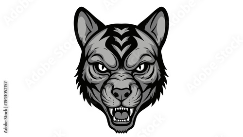 Intense wild animal head illustration in grayscale on white background