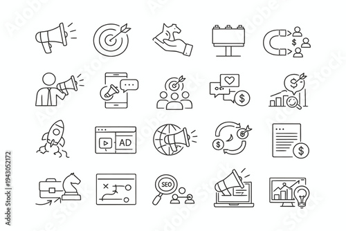 Collection of diverse digital marketing and advertising strategy icons