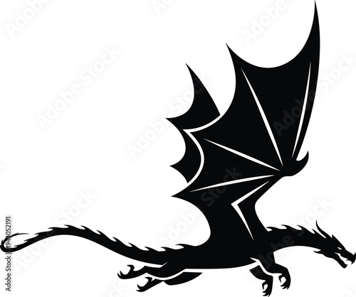 Flying dragon silhouette vector illustration, mythical fantasy creature with wings, medieval legend beast icon isolated on white background