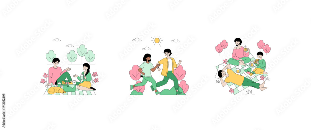 Fototapeta premium Outdoor Picnic Activities Vector Illustration Set