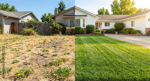 Before and after transformation of a home's lawn and exterior.