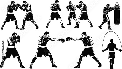 Boxing training silhouettes set with fighters punching sparring jumping rope and heavy bag workout vector collection for combat sport practice