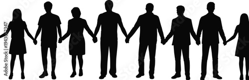 Silhouette vector illustration of people holding hands in unity, community togetherness design representing solidarity, teamwork, friendship, and social connection