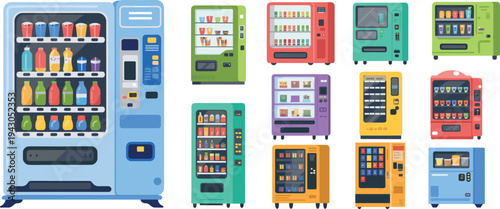 Vending machine collection with snack and drink dispensers, automated retail kiosks, beverage machines and self service food vending vector illustration set