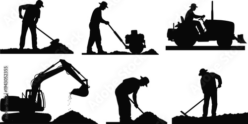 Construction worker and heavy equipment silhouettes set with excavator tractor digging and roadwork activities vector collection for building industry