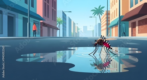 Mosquito breeding in a stagnant water puddle on a city street, urban pest control and sanitation concept