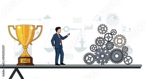 Businessman Balancing Gold Trophy and Interconnected Gears on Scale