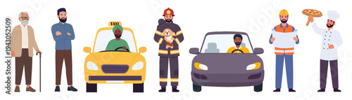 Diverse people character set of different occupations and social groups in flat vector style
