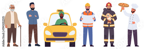 Diverse people character set of different occupations and social groups in flat vector style
