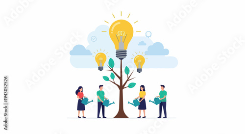 People watering lightbulb idea tree for business growth and innovation
