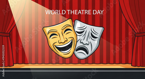 Theatrical masks on stage for world theatre day celebration with red curtains and spotlight