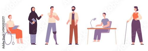 Diverse people character set of different occupations, ages and disabilities in flat vector style