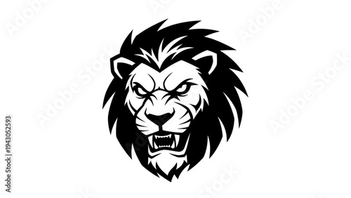 Roaring lion head illustration in black and white against white background