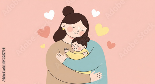 Loving mother hugging her baby with hearts around them on a pink background symbolizing love and care