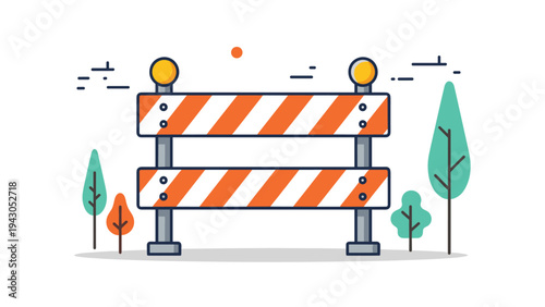 Bold orange and white striped construction barrier with flashing lights, flanked by stylized green and orange trees, indicating roadwork or caution.
