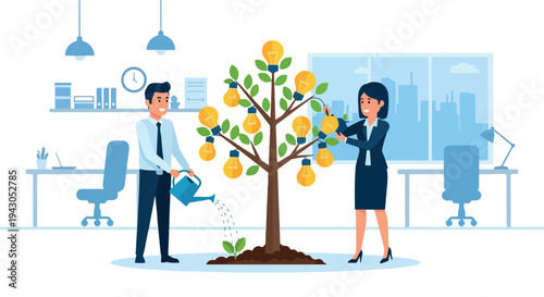 Business people watering money tree with lightbulbs in office