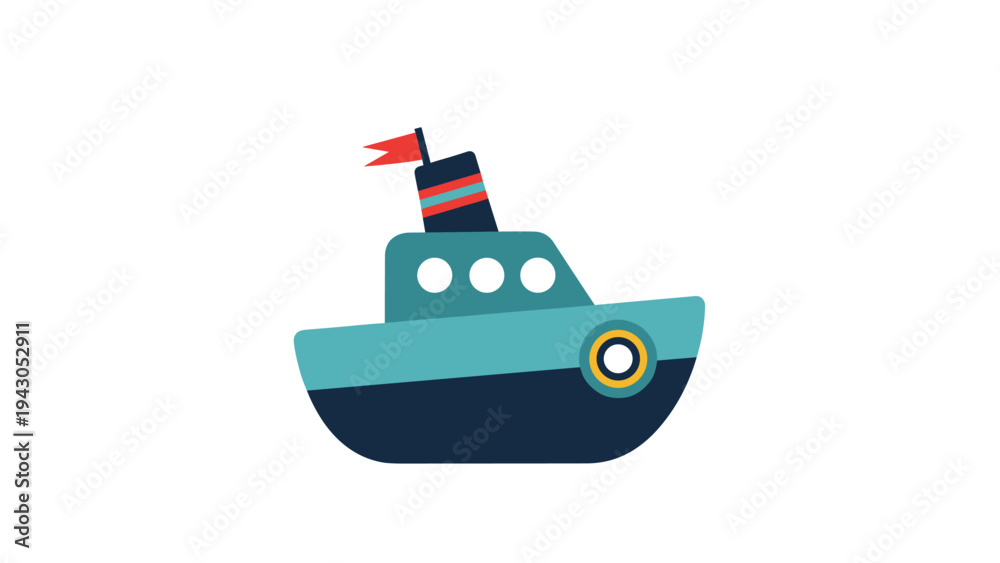 Obraz premium Charming cartoon-style small blue and dark blue boat with a distinctive red flag, symbolizing travel, adventure, and maritime fun.