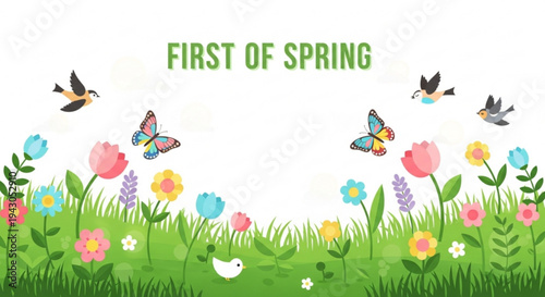 Vibrant spring scene with butterflies birds and flowers in a lush green meadow symbolizing new beginnings and renewal