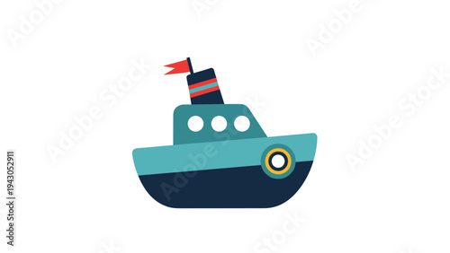 Charming cartoon-style small blue and dark blue boat with a distinctive red flag, symbolizing travel, adventure, and maritime fun.