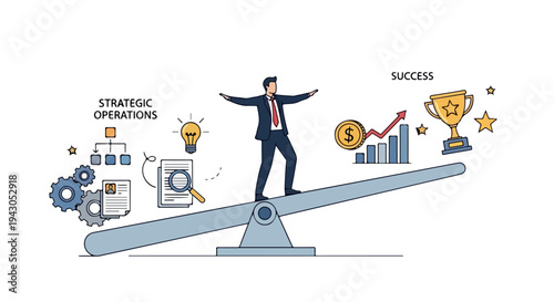 Businessman Balancing Strategic Operations and Success on a Seesaw Illustration
