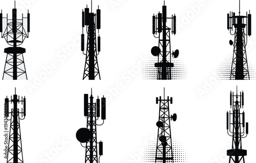 Silhouette collection of diverse communication towers with antennas and satellite dishes, modern telecommunication infrastructure vector illustration for network technology concepts